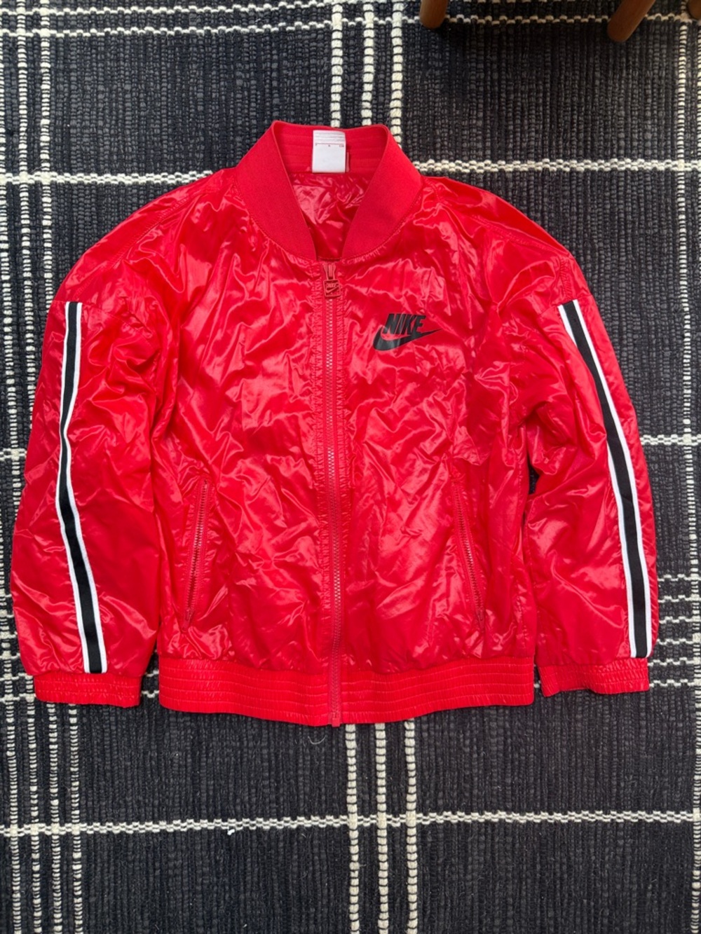 Nike Red Shiny Bomber Jacket with 3/4 Black & White Sleeve Stripes